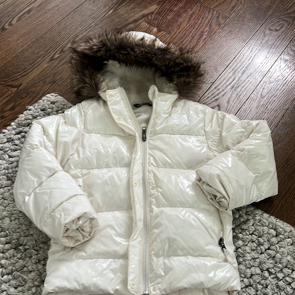White winter coat with faux fur hood